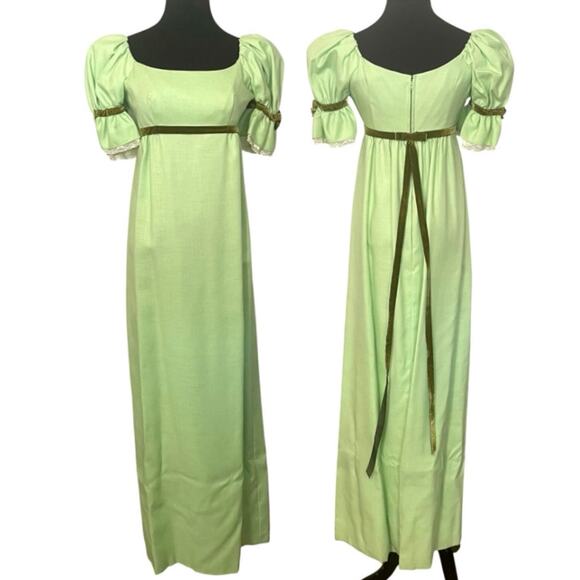 Vintage 60s Lorrie Deb Edwardian Costume Juniors 7 Green Formal Gown Puff Sleeve - Picture 1 of 16